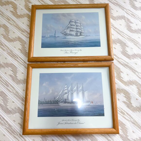 Set 2 Framed 13in Nautical Sailing Sailboat Prints Art Vintage Earl Collins Wood - Picture 1 of 6